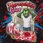 Maraschino Glue feminized cannabis seeds from Robin Hood Seeds – green hooded figure with glowing flame eyes beside a tipped jar of maraschino cherries spilling across a kitchen counter, available at Dark Coast Seed Co.