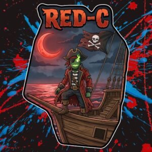 Red-C feminized cannabis seeds from Robin Hood Seeds – green pirate skeleton with glowing flame eye, tricorn hat, and tattered red coat standing on a ship's bow under a blood-red crescent moon with a Jolly Roger flag, available at Dark Coast Seed Co.