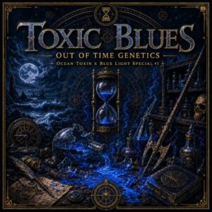 Toxic Blues feminized cannabis seeds by Out of Time Genetics, an Ocean Toxin x Blue Light Special #1 photoperiod cross, sold as a 5-pack exclusively at Dark Coast Seed Co.
