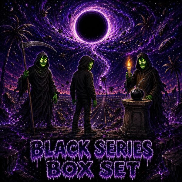 The three Black Series characters under the black hole above Los Angeles
